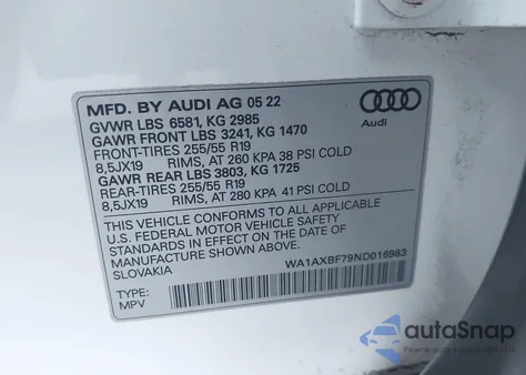 2022 Audi Q7 Premium 55 Tfsi Quattro Tiptronic z USA, uszkodzony, nr VIN WA1AXBF79ND016983